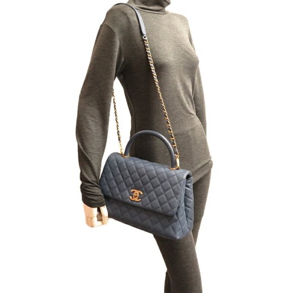 CHANEL Coco Handle 29 Women's Handbag A92991 Caviar Skin Blue × - Picture 9 of 10